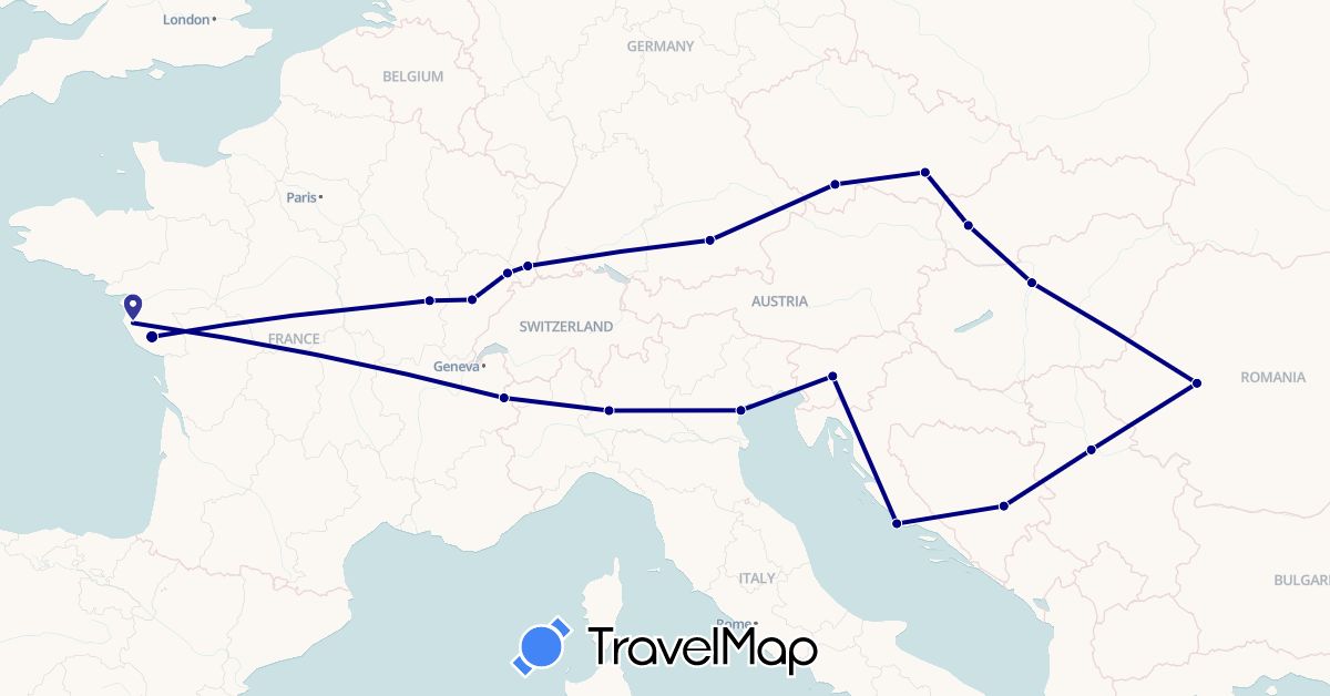 TravelMap itinerary: driving in Bosnia and Herzegovina, Czech Republic, Germany, France, Croatia, Hungary, Italy, Romania, Serbia, Slovenia, Slovakia (Europe)